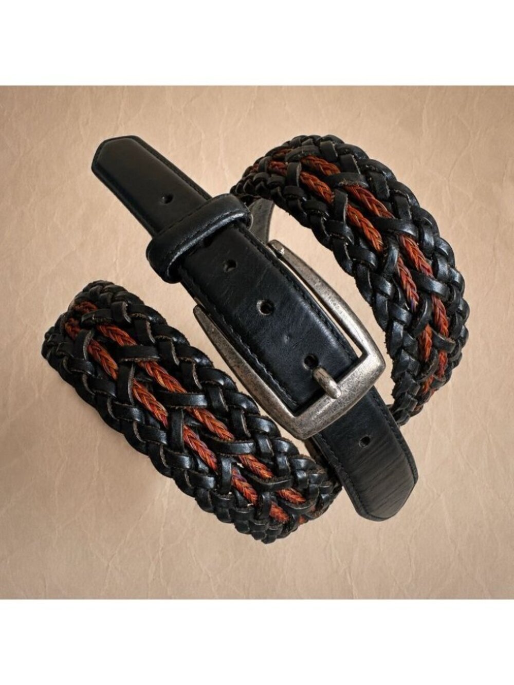 Vintage Onyx Brighton Woven Braided Leather Belt Men 42 Black Multicolor Silver